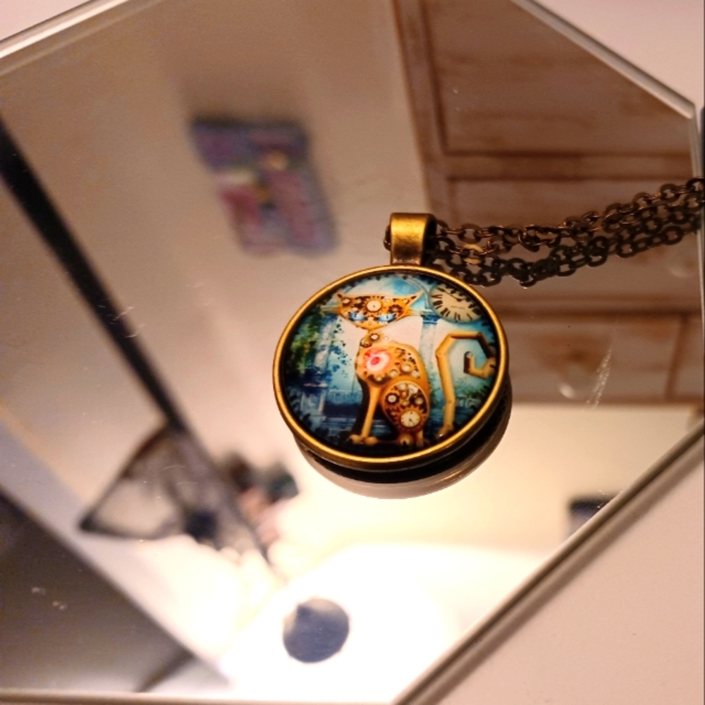 Necklace with Steampunk Cat Picture